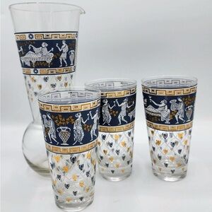 Vintage Cera Greek Frieze Rounded Bottom Pitcher and 3 Tumbler Set